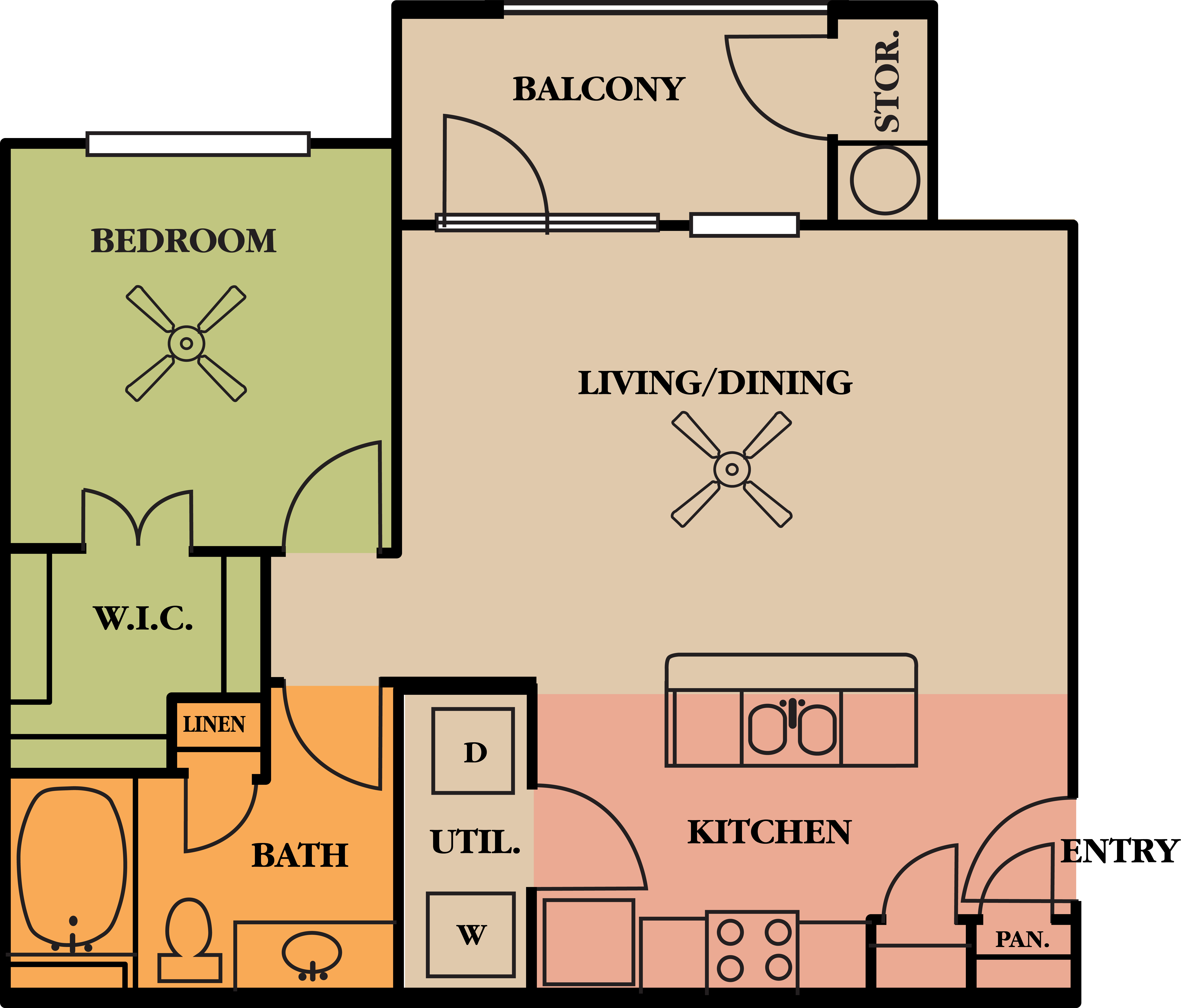 Floor plan for 1 bed, 1 bath, 730 sqft
